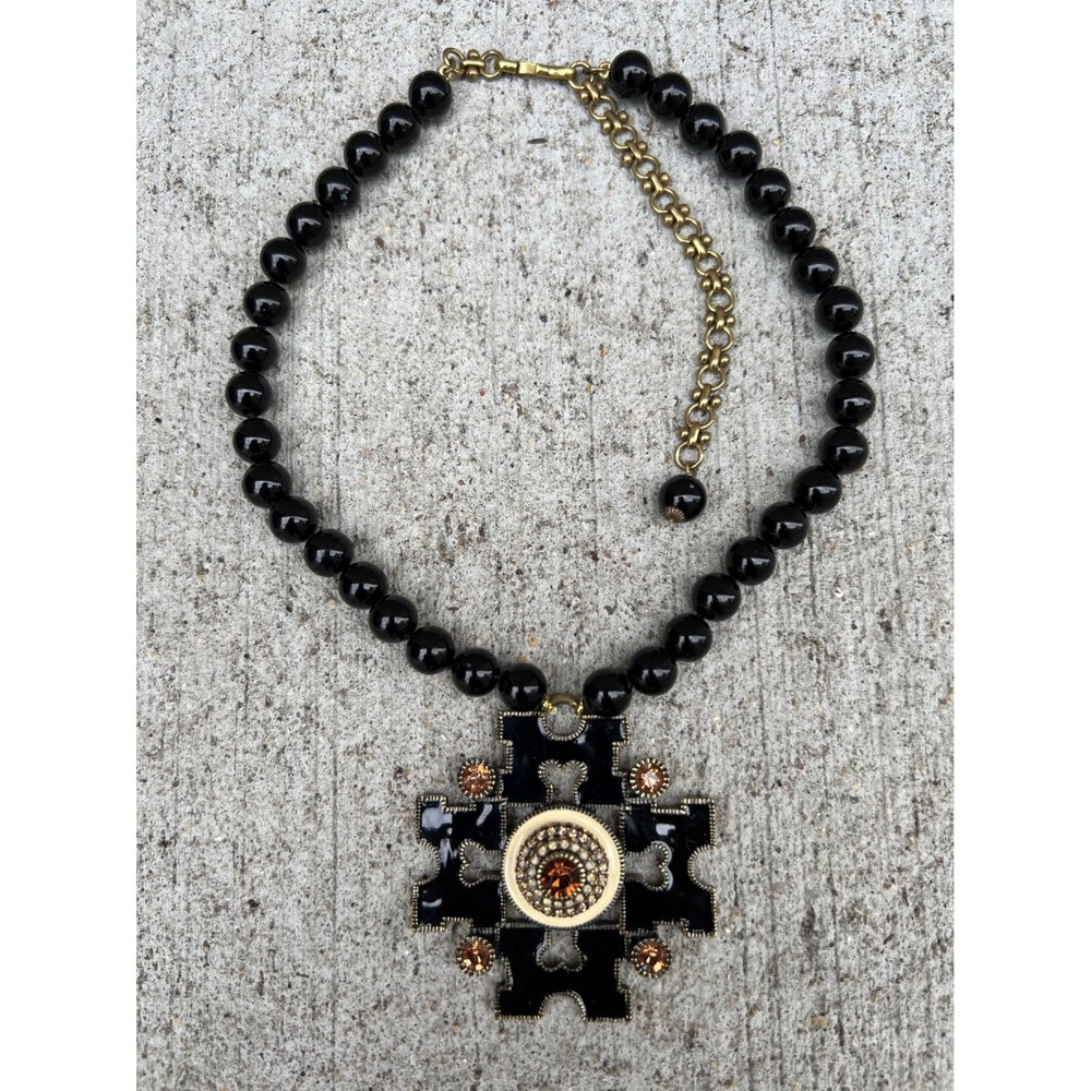 VTG Heidi Daus Black Enamel Maltese Cross Swarovski Crystal Beaded Necklace